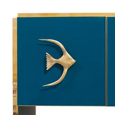 Modern Italian Custom Brass Edged Fish Marine Teal Blue Cabinet