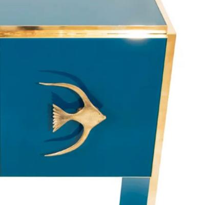 Modern Italian Custom Brass Edged Fish Marine Teal Blue Cabinet