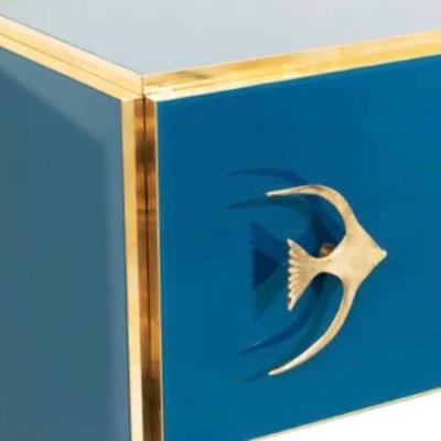 Modern Italian Custom Brass Edged Fish Marine Teal Blue Cabinet