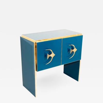 Modern Italian Custom Brass Edged Fish Marine Teal Blue Cabinet