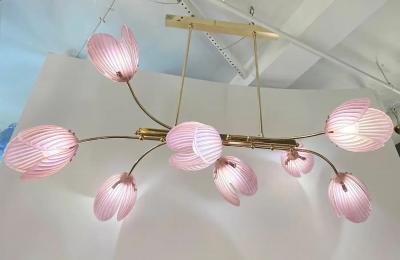 Modern Italian Pink Murano Glass Tulip Flower 8 Branch Airy Brass Chandelier