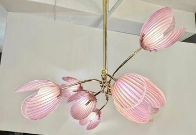 Modern Italian Pink Murano Glass Tulip Flower 8 Branch Airy Brass Chandelier