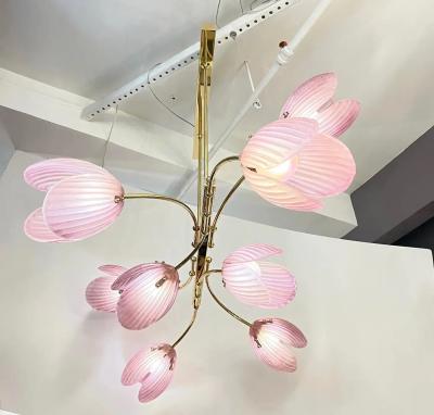 Modern Italian Pink Murano Glass Tulip Flower 8 Branch Airy Brass Chandelier