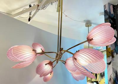 Modern Italian Pink Murano Glass Tulip Flower 8 Branch Airy Brass Chandelier