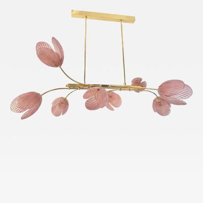 Modern Italian Pink Murano Glass Tulip Flower 8 Branch Airy Brass Chandelier