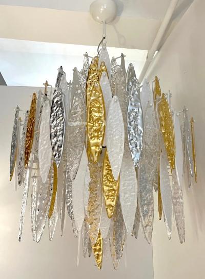 Modern Italian Silver Gold Frosted White Crystal Murano Glass Icicle Chandelier