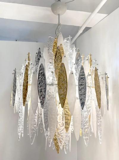 Modern Italian Silver Gold Frosted White Crystal Murano Glass Icicle Chandelier