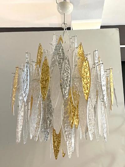 Modern Italian Silver Gold Frosted White Crystal Murano Glass Icicle Chandelier
