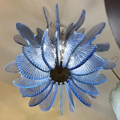 Modern Italian Wavy Blue Textured Murano Glass Satin Nickel Pendant Chandelier