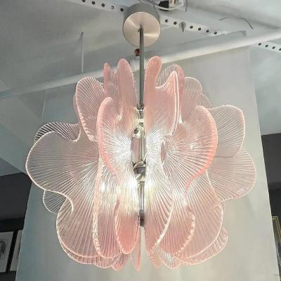 Modern Italian Wavy Pink Textured Murano Glass Satin Nickel Pendant Chandelier
