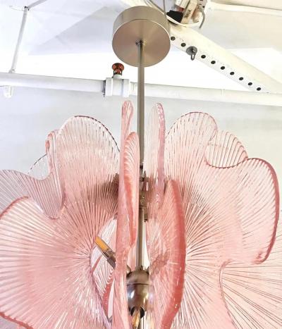 Modern Italian Wavy Pink Textured Murano Glass Satin Nickel Pendant Chandelier