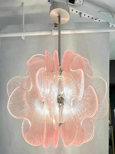Modern Italian Wavy Pink Textured Murano Glass Satin Nickel Pendant Chandelier
