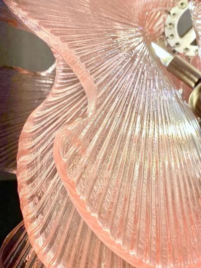 Modern Italian Wavy Pink Textured Murano Glass Satin Nickel Pendant Chandelier