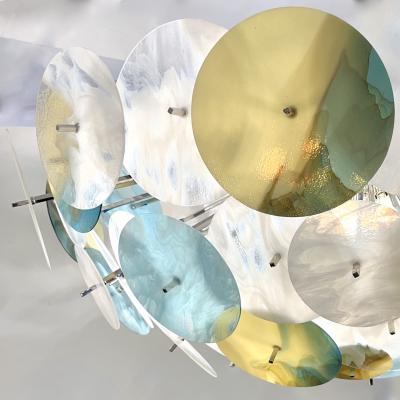 Modern Italian White Aqua Blue Yellow Murano Glass Nickel Sputnik Flushmount