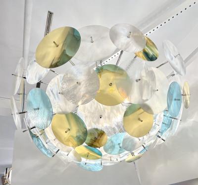 Modern Italian White Aqua Blue Yellow Murano Glass Nickel Sputnik Flushmount