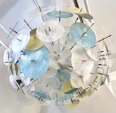 Modern Italian White Aqua Blue Yellow Murano Glass Nickel Sputnik Flushmount