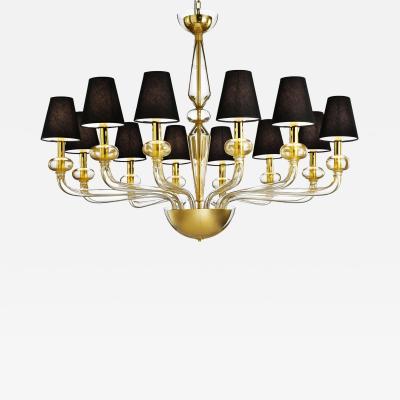 Modern Linear Transparent and Gold Leaf Murano Glass Chandelier