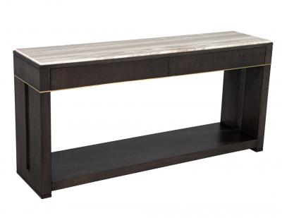 Modern Marble Top Walnut with Brass Detail Console Table