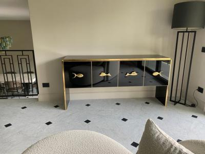Modern Midcentury Style Black Glass and Brass Sideboard or Credenza