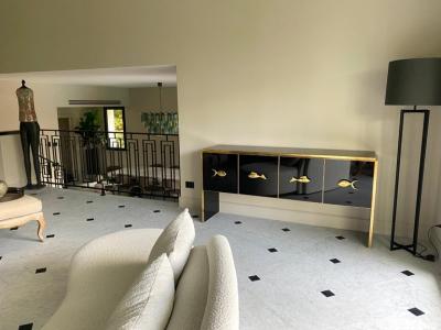 Modern Midcentury Style Black Glass and Brass Sideboard or Credenza
