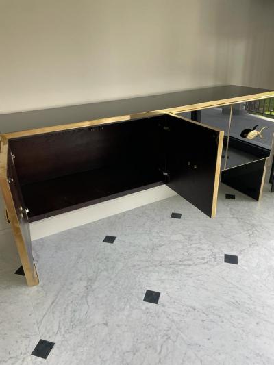 Modern Midcentury Style Black Glass and Brass Sideboard or Credenza