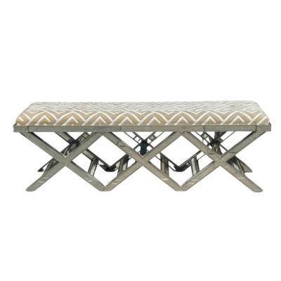 Modern Mirrored X Bench With Scalamandre Designer Silk Cut Velvet
