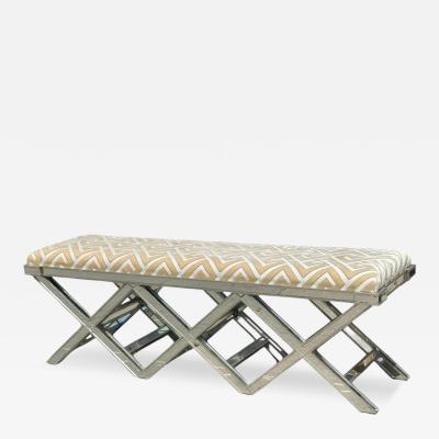 Modern Mirrored X Bench With Scalamandre Designer Silk Cut Velvet