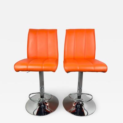 Modern Orange Faux Leather Chrome Swivel Bar or Kitchen Stool a Pair