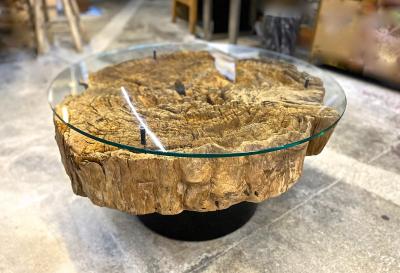 Modern Organic Driftwood Coffee Table With Glass Top Black Steel Base 2025