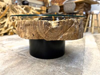 Modern Organic Driftwood Coffee Table With Glass Top Black Steel Base 2025