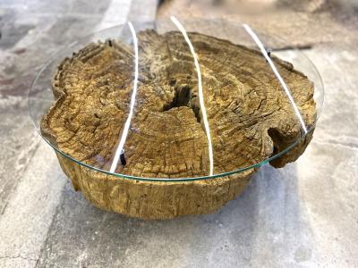 Modern Organic Driftwood Sofa Coffee Table With Glass Top On Black Steel Base