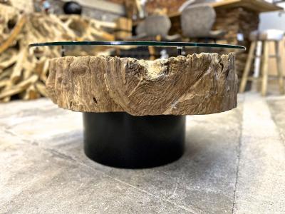 Modern Organic Driftwood Sofa Coffee Table With Glass Top On Black Steel Base