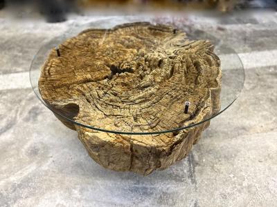 Modern Organic Driftwood Sofa Coffee Table With Glass Top On Black Steel Base