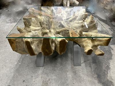Modern Organic Teak Root Coffee Sofa Table With Glass Plate IDN 2022
