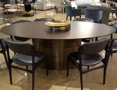 Modern Oval Oak Dining Table with Curved Metal Pedestals