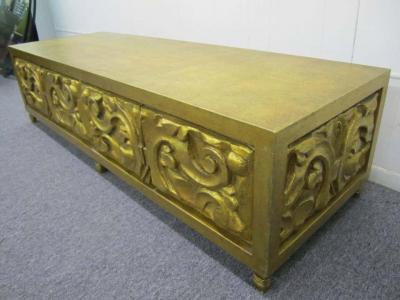 Modern Pair of Gold Long Low Carved Sideboards Hollywood Regency