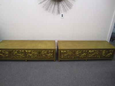 Modern Pair of Gold Long Low Carved Sideboards Hollywood Regency