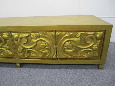 Modern Pair of Gold Long Low Carved Sideboards Hollywood Regency