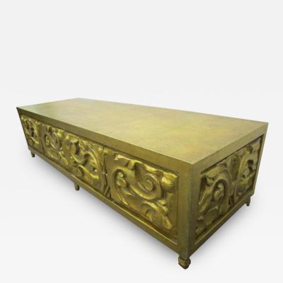 Modern Pair of Gold Long Low Carved Sideboards Hollywood Regency