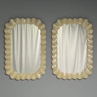 Modern Ruffle Wall Mirrors White Murano Glass Brass Italy 21st c 