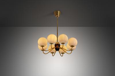 Modern Swedish Brass and Glass Globe Chandelier Sweden 1940s