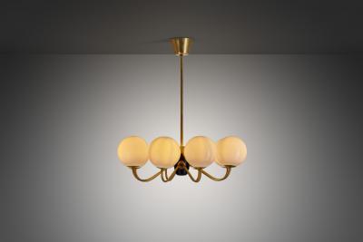 Modern Swedish Brass and Glass Globe Chandelier Sweden 1940s