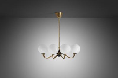 Modern Swedish Brass and Glass Globe Chandelier Sweden 1940s