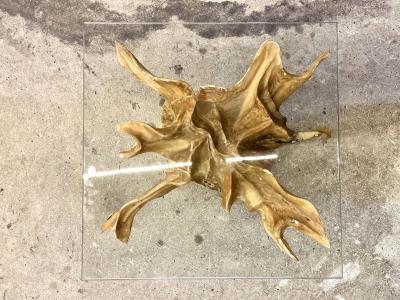 Modern Teak Root Side Table With Safety Glass Top IDN 2024