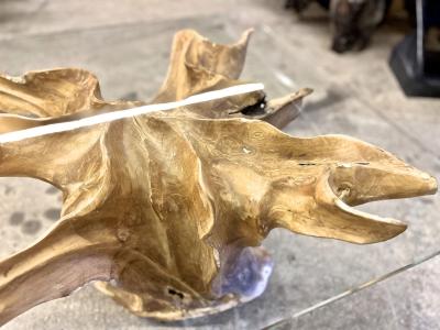 Modern Teak Root Side Table With Safety Glass Top IDN 2024