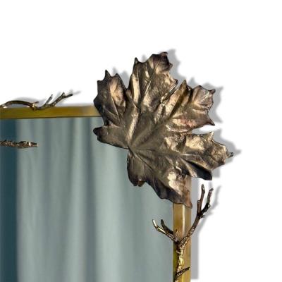 Modern Trapezoidal Bronze Wall Mirror Branch and Leaf Motif France 21st C 