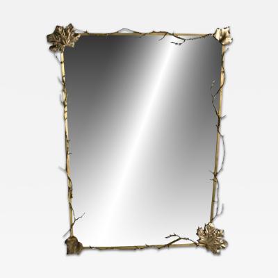 Modern Trapezoidal Bronze Wall Mirror Branch and Leaf Motif France 21st C 