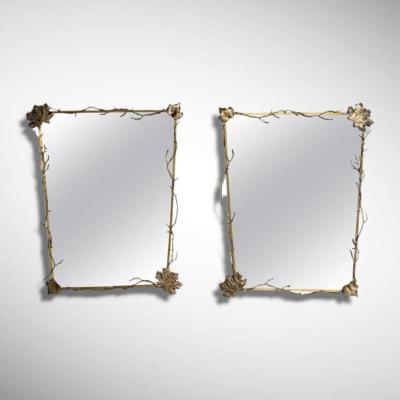 Modern Trapezoidal Bronze Wall Mirrors Branch and Leaf Motif France 21st C 