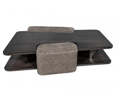 Modern Walnut Sculptural Coffee Table with Ottomans