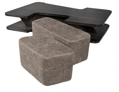 Modern Walnut Sculptural Coffee Table with Ottomans